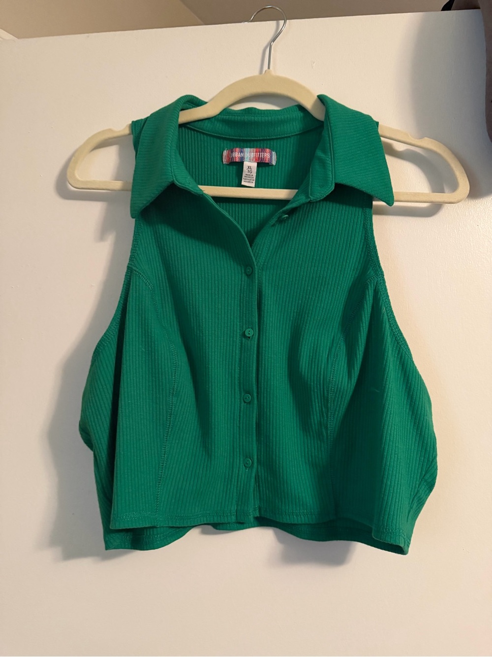 Urban Outfitters Green Ribbed Sleeveless Collared Button Crop Top